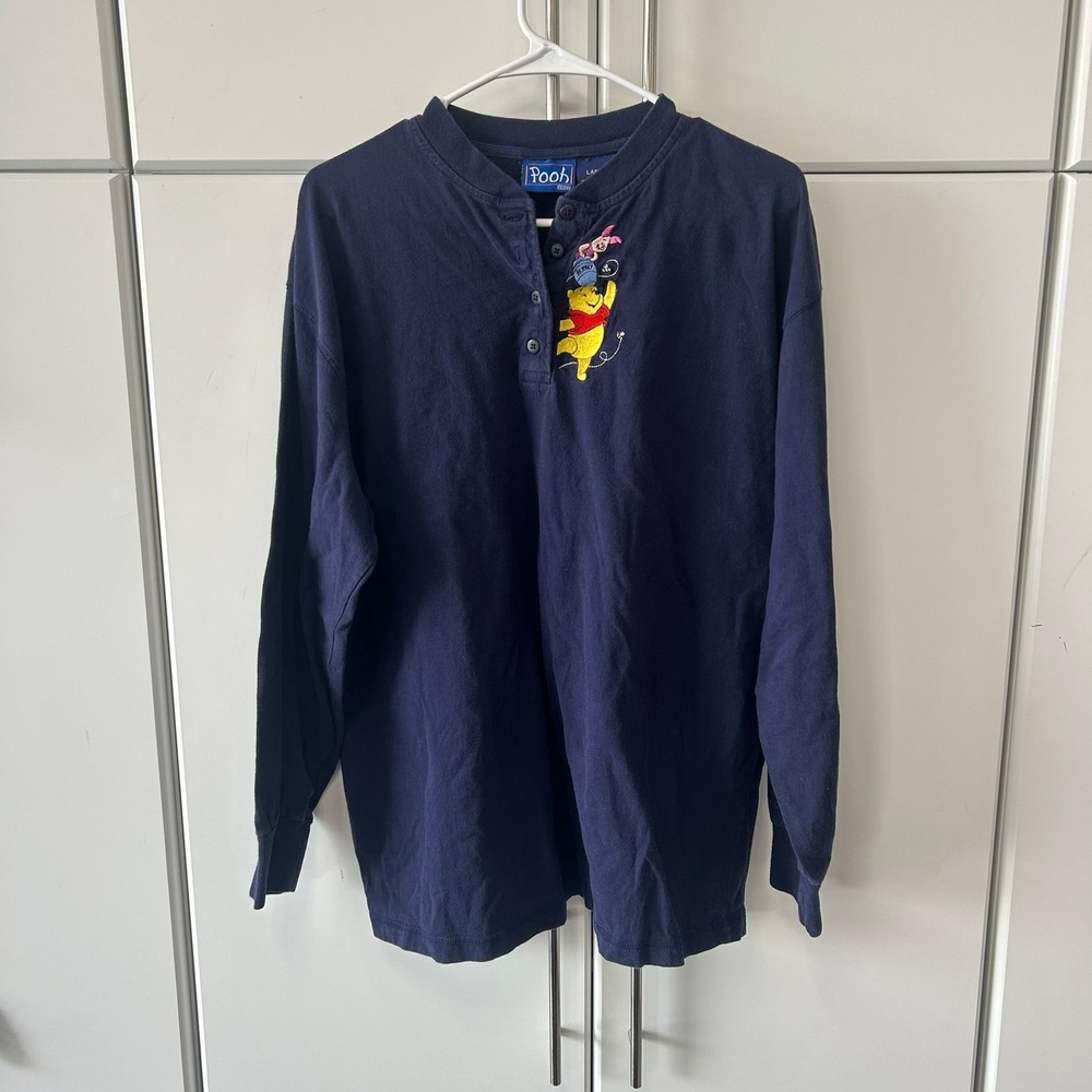 Vintage‎ Disney Winnie the Pooh Navy Blue Henley Shirt Piglet Embroidered Large